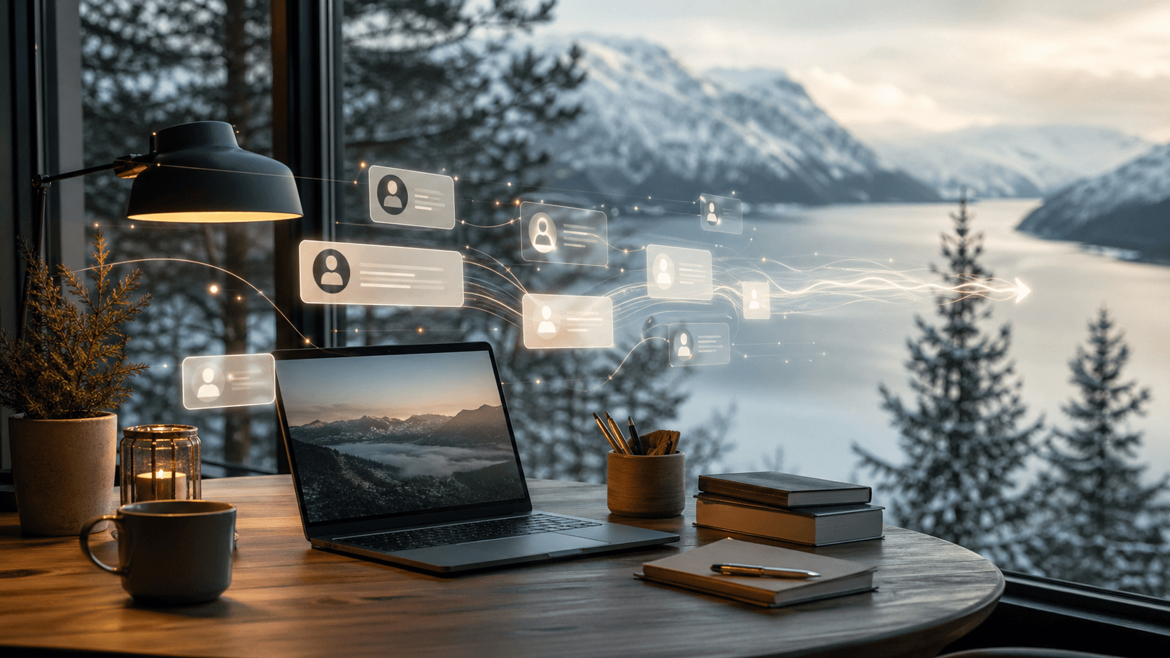 Nordic office scene with abstract AI lead generation dashboard