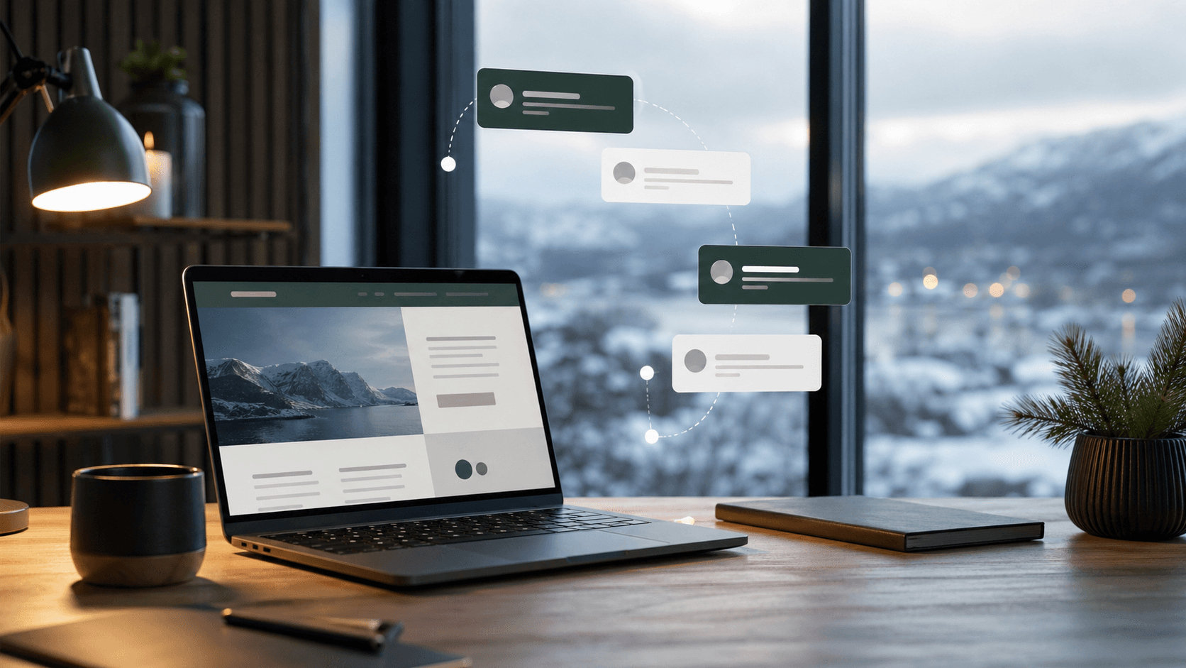 Nordic laptop workspace with abstract B2B chat question cards