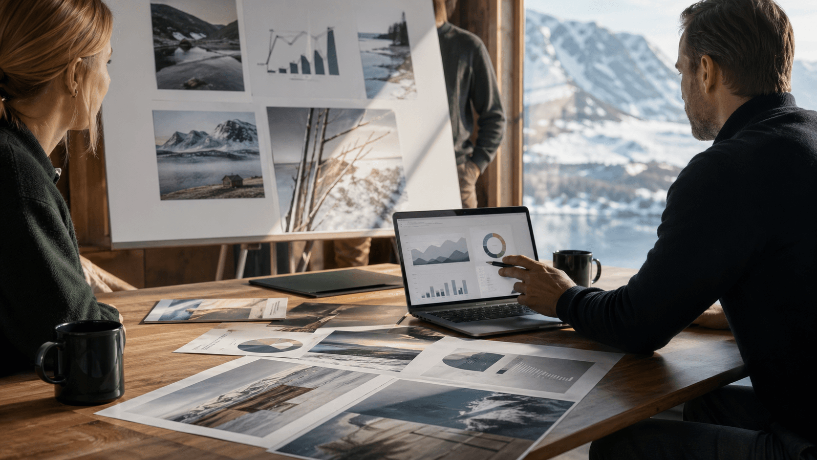 Nordic meeting table with customer proof documents and analytics