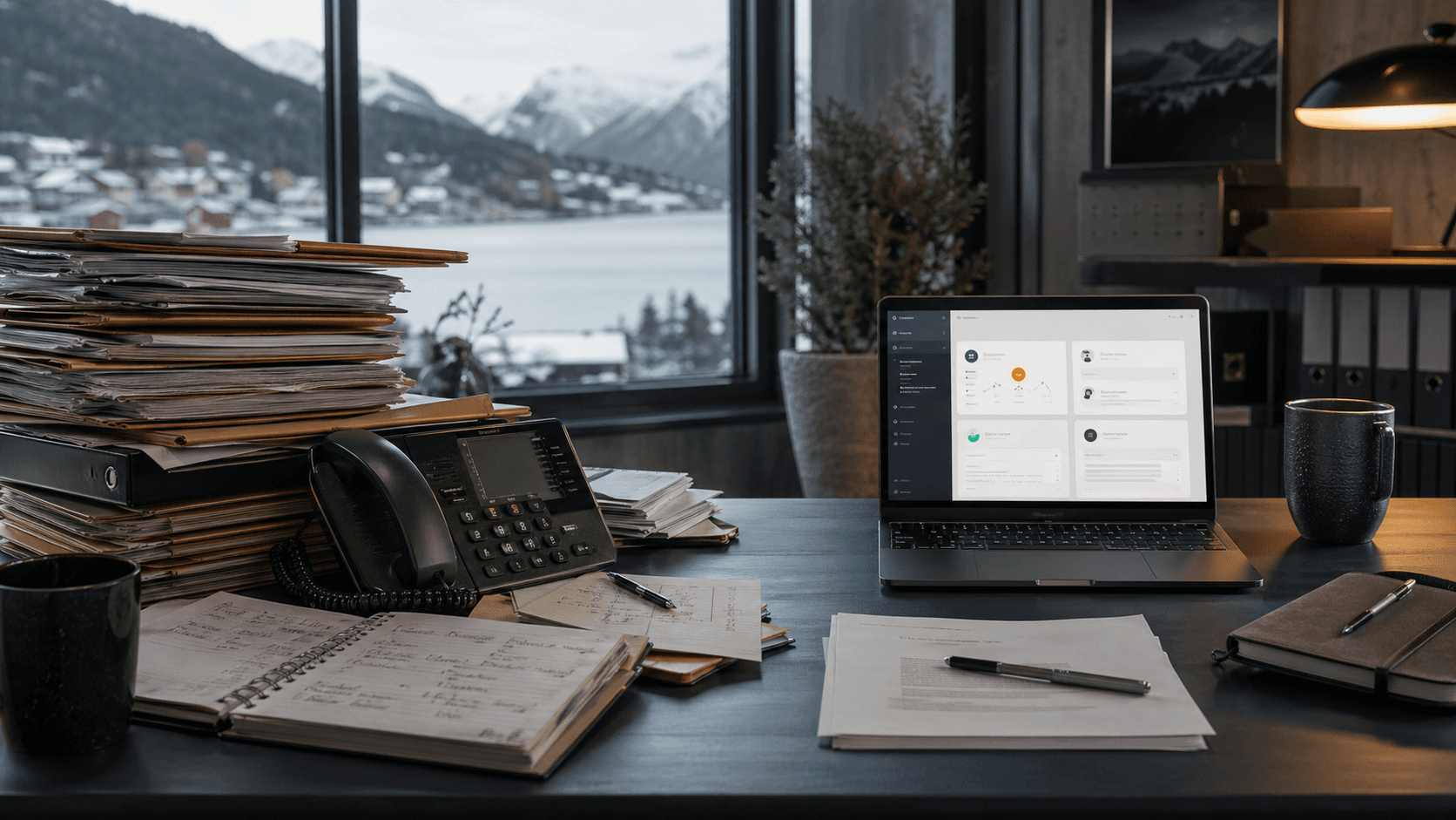 Nordic office comparing manual sales notes with an automated dashboard