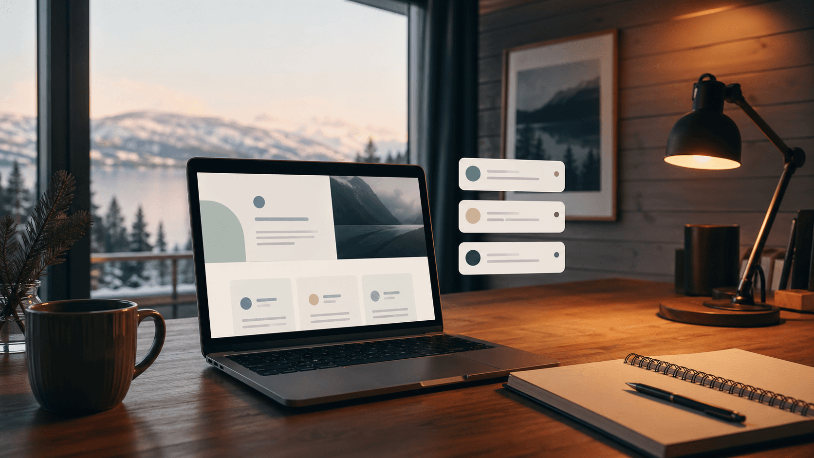 Nordic workspace with a website dashboard and winter fjord view