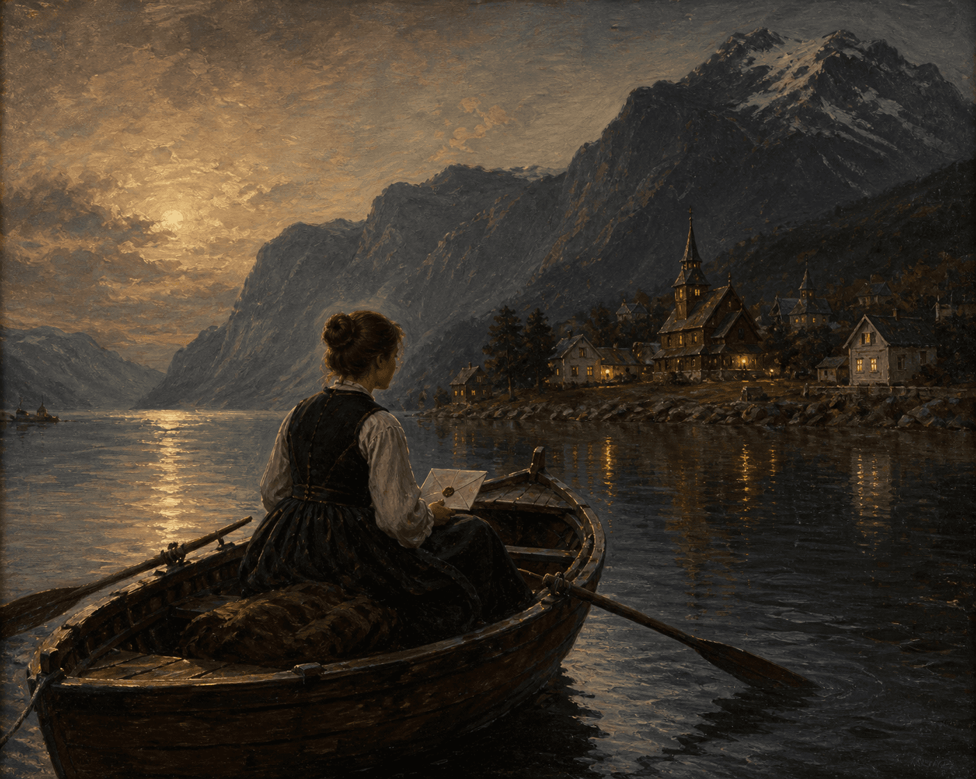 Norwegian national romantic oil painting of a conversation between a business owner and a customer