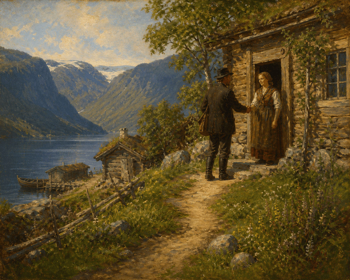 Norwegian national romantic oil painting of a business owner reviewing a customer conversation