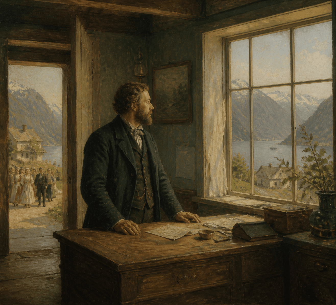 Norwegian national romantic oil painting of a business owner looking toward a fjord village