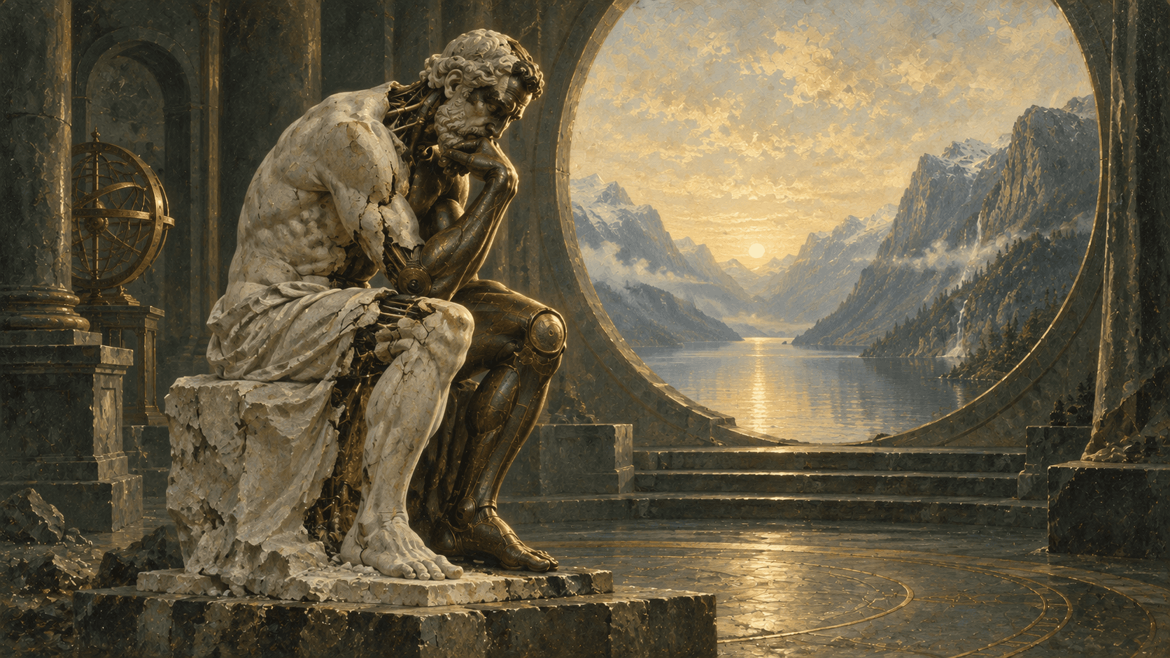 En klassisk Thinker-skulptur i marmor og mekanikk over et nordisk fjellandskap